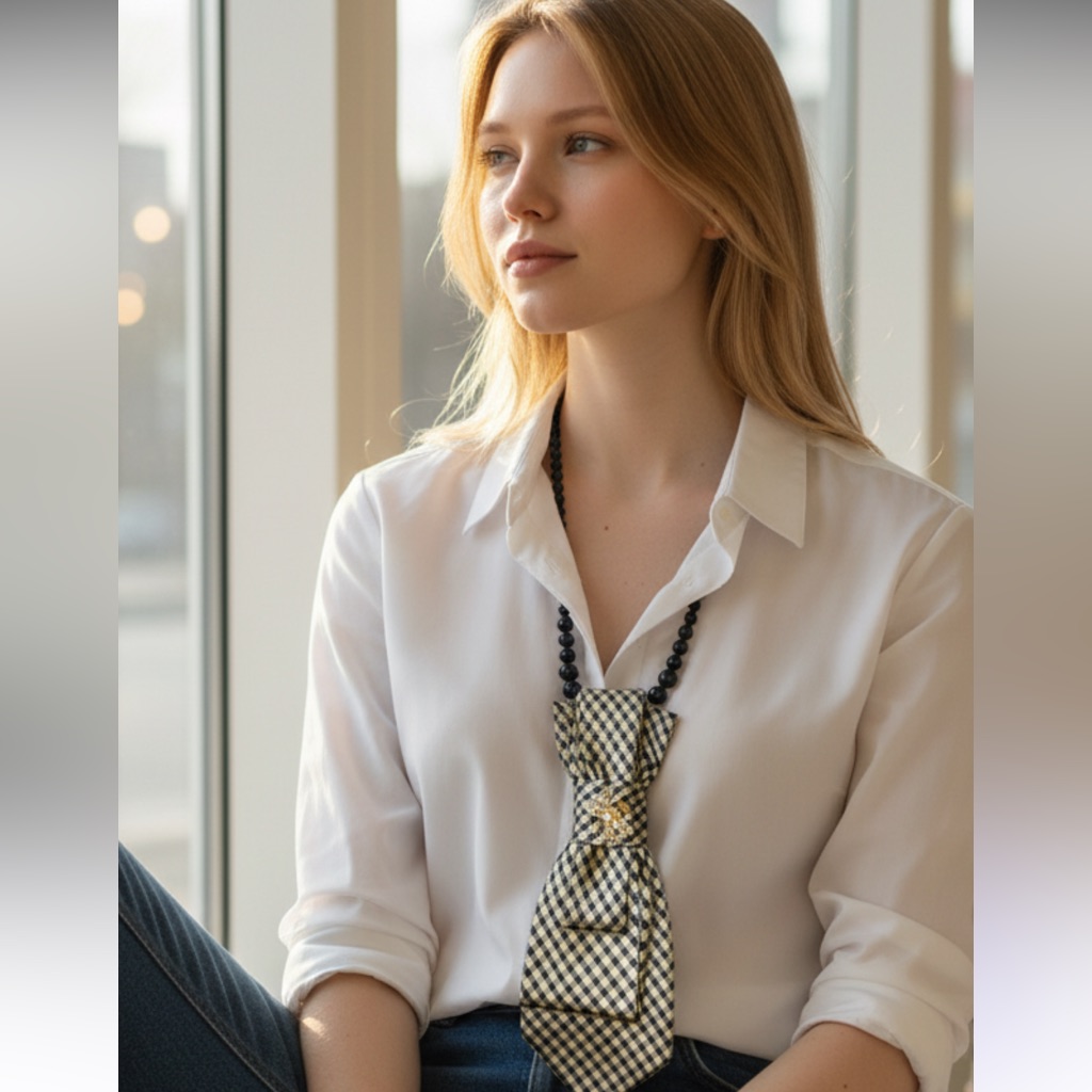 “Dainty Dapper”Checkered Necktie Necklace And Bee Attached